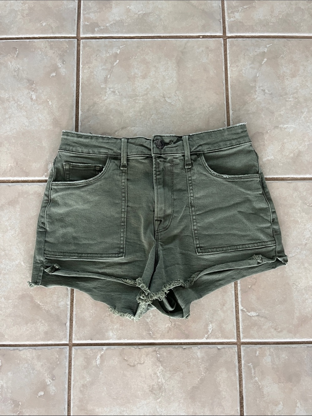 Good American High-Rise Olive Green Utility Denim Shorts